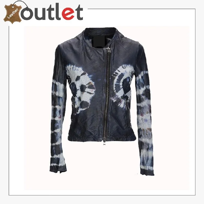 Fashion Women Printed Leather Jacket Boat Neck Shawl Collar Notched Collar