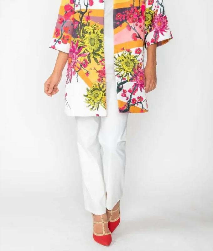 Floral Print Long Jacket In Gold Cotton Jacket Linen Jacket Terry Jacket