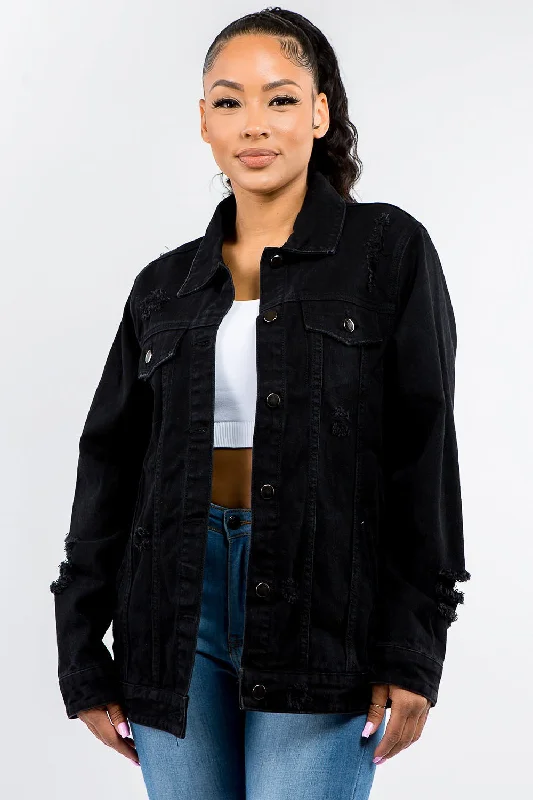 Full Size Button Up Distressed Denim Jacket Hooded Jacket Caped Jacket Shawl Collar Jacket Full Size Button Up Distressed Denim Jacket Hooded Jacket Caped Jacket Shawl Collar Jacket