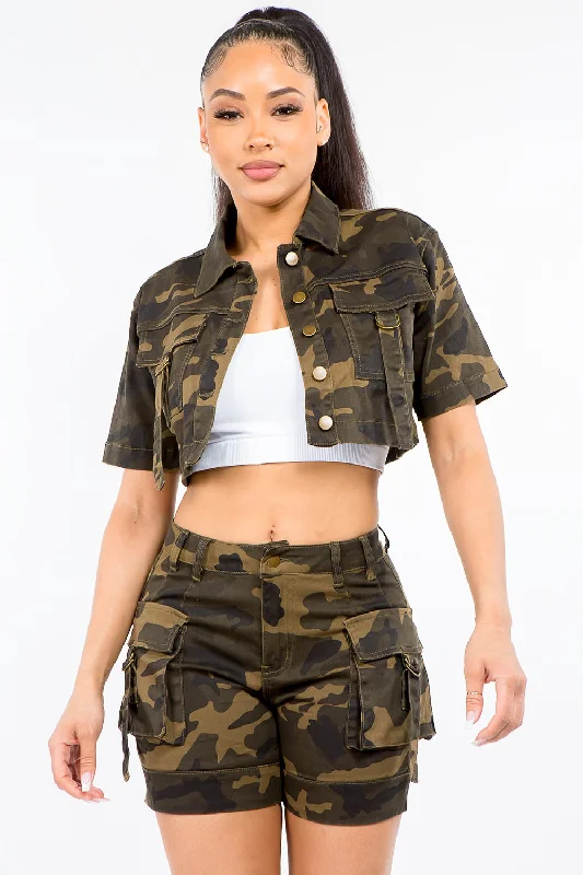 Full Size Camouflage Short Sleeve Cropped Jacket A-Line Jacket Boat Neck Shawl Collar Full Size Camouflage Short Sleeve Cropped Jacket A-Line Jacket Boat Neck Shawl Collar