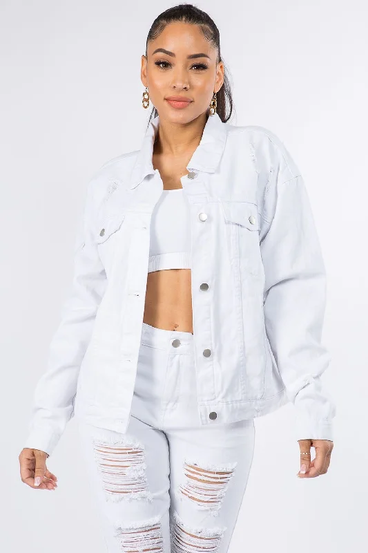 Graphic Distressed Long Sleeve Denim Jacket Front Pockets Side Pockets Patch Pockets