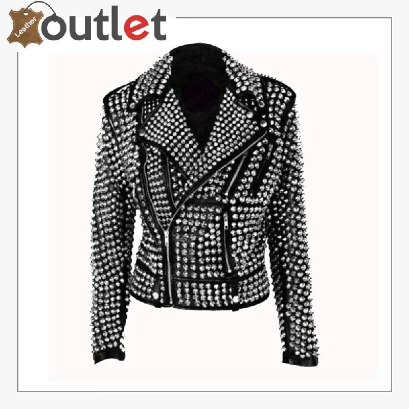 Handmade Women Black Fashion Studded Punk Style Leather Jacket Jacket Blazer Coat
