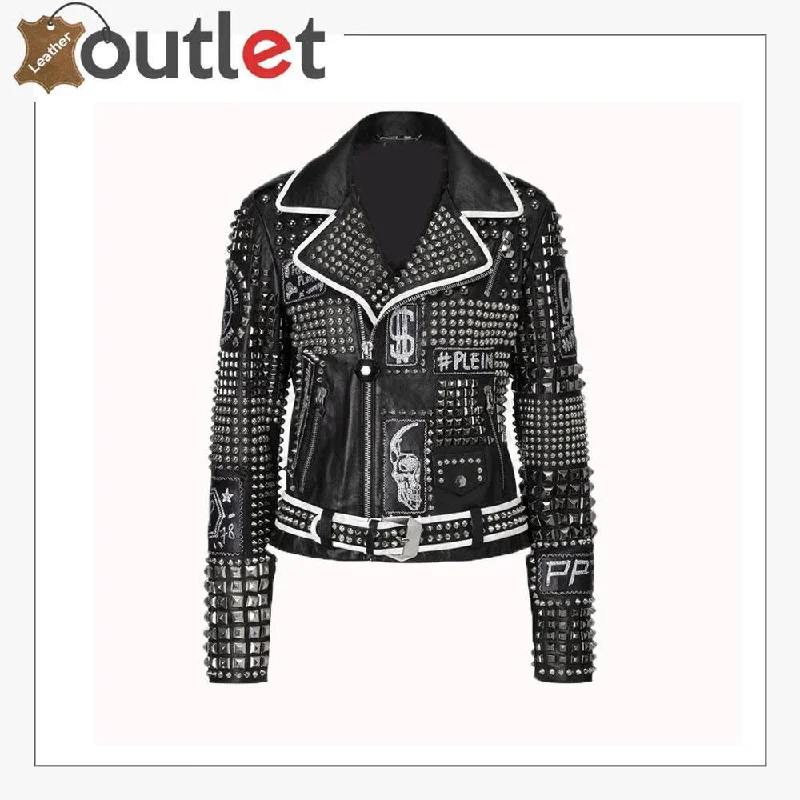 Handmade Women Philip Plein Black Fashion Studded Punk Style Leather Jacket Herringbone Jacket Houndstooth Jacket Plaid Jacket Handmade Women Philip Plein Black Fashion Studded Punk Style Leather Jacket Herringbone Jacket Houndstooth Jacket Plaid Jacket