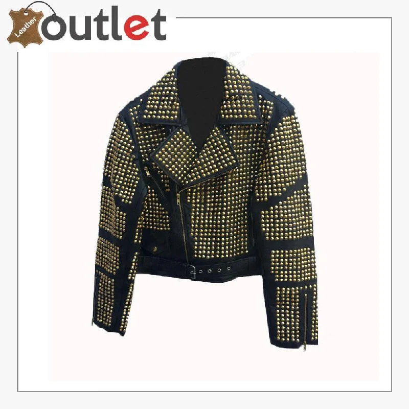 Handmade Womens Black Fashion Golden Studded Punk Style Leather Jacket Fleece Fabric Down Fabric Feather Fabric Handmade Womens Black Fashion Golden Studded Punk Style Leather Jacket Fleece Fabric Down Fabric Feather Fabric