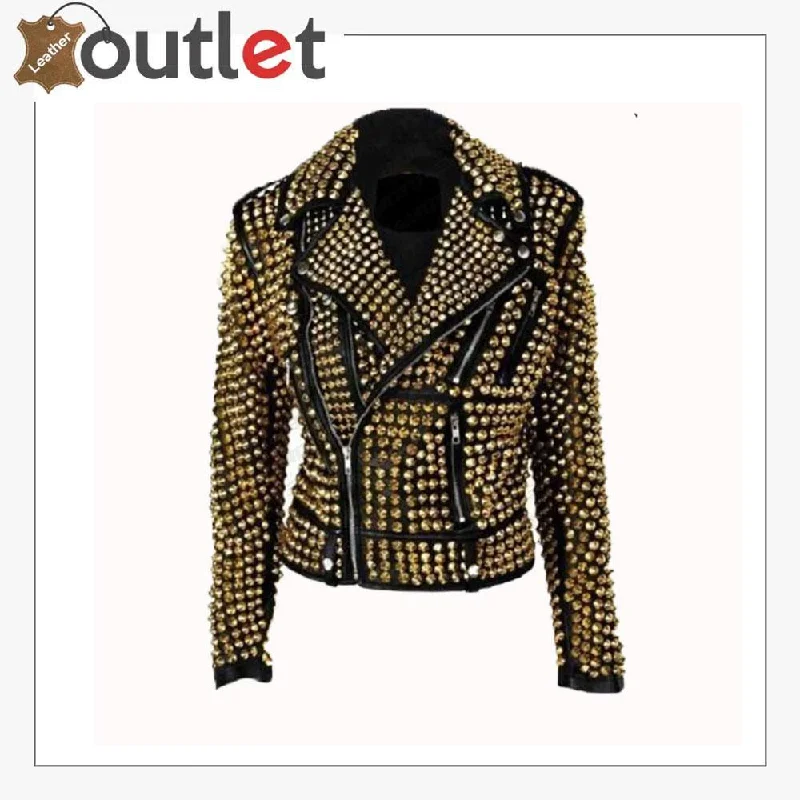 Handmade Women's Black Fashion Golden Studded Punk Style Leather Jacket A-Line Jacket Boat Neck Shawl Collar Handmade Women's Black Fashion Golden Studded Punk Style Leather Jacket A-Line Jacket Boat Neck Shawl Collar