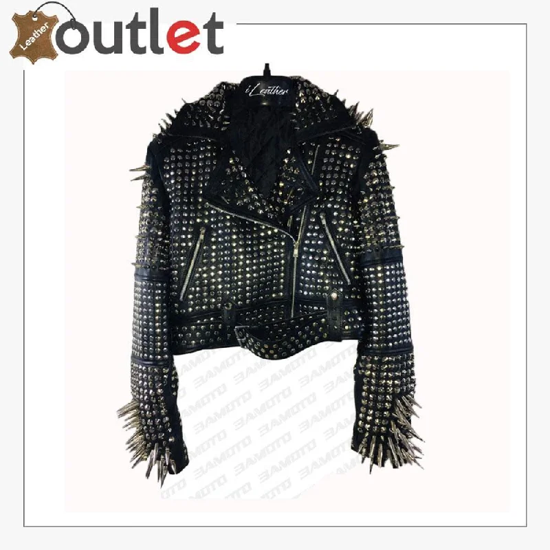 Handmade Women's Black Fashion Long Studded Punk Style Leather Jacket Tiered Jacket Buttoned Jacket Zippered Jacket