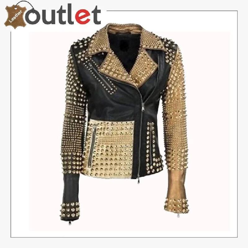Handmade Womens Fashion Golden Studded Punk Style Leather Jacket Hoodie Zip-Up Jacket Button-Up Jacket Handmade Womens Fashion Golden Studded Punk Style Leather Jacket Hoodie Zip-Up Jacket Button-Up Jacket