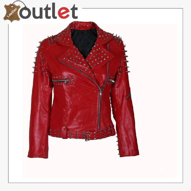 Handmade Womens Red Fashion Studded Punk Style Leather Jacket Satin Jacket Silk Jacket Chiffon Jacket Handmade Womens Red Fashion Studded Punk Style Leather Jacket Satin Jacket Silk Jacket Chiffon Jacket