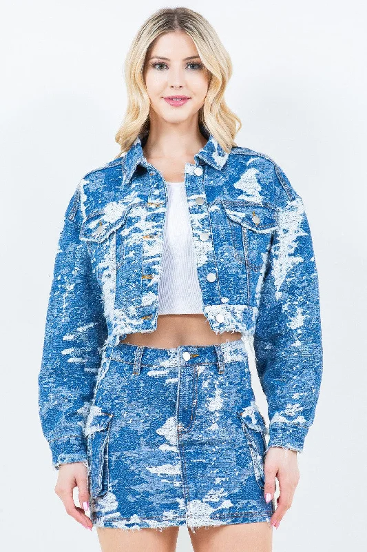 Jacquard Trim Cropped Denim Jacket Fleece Jacket Down Jacket Feather Jacket