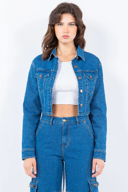 Laced Back Cropped Denim Jacket Stand-Up Collar Roll-Neck Collar Turtle Neck