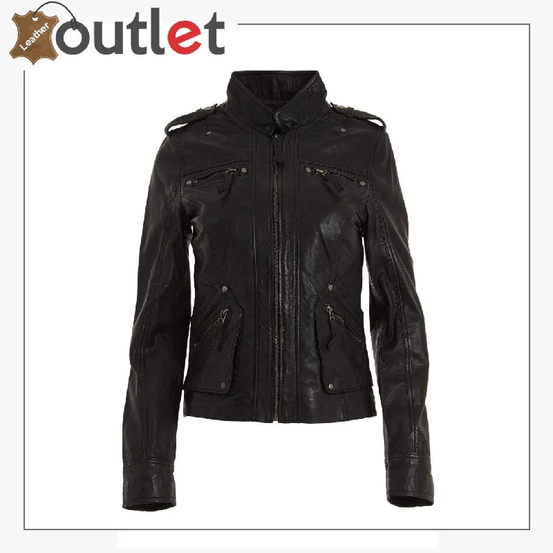 Ladies Womens Classic Black Fashion Soft Nappa Leather Fitted Rock Jacket Zip Front Button Front Snap Front Ladies Womens Classic Black Fashion Soft Nappa Leather Fitted Rock Jacket Zip Front Button Front Snap Front