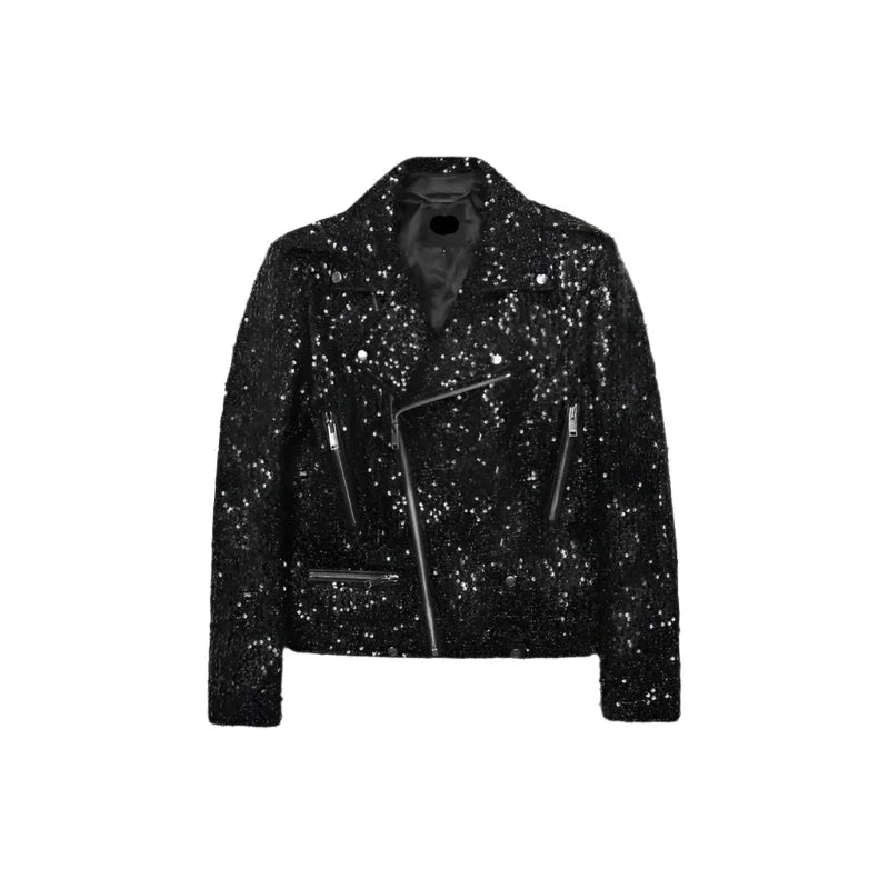 Men's Black Sequins Biker Jacket Trench Coat Raincoat Waterproof Jacket