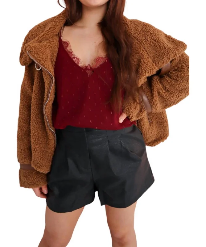 Millie Zip Up Sherpa Jacket In Brown Wool Fabric Cashmere Fabric Tweed Fabric