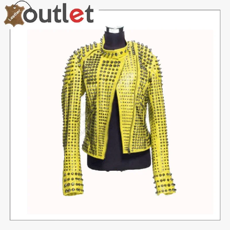 New Handmade Women's Yellow Fashion Studded Punk Style Leather Jacket Knit Fabric Woven Fabric Fleece Fabric New Handmade Women's Yellow Fashion Studded Punk Style Leather Jacket Knit Fabric Woven Fabric Fleece Fabric