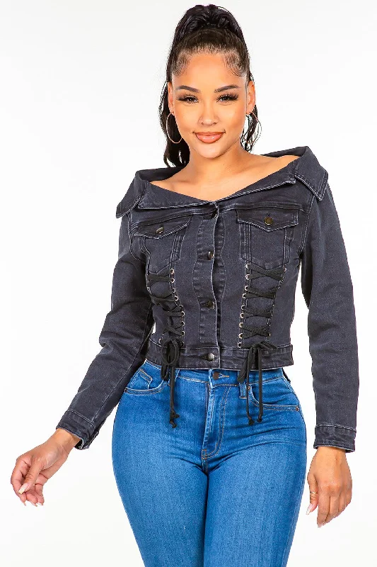 Off Shoulder Lace Up Denim Jacket Snapped Jacket Toggled Jacket Drawstring Jacket