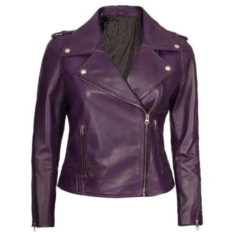 Purple Moto Leather Women’s  Jacket Hoodie Zip-Up Jacket Button-Up Jacket