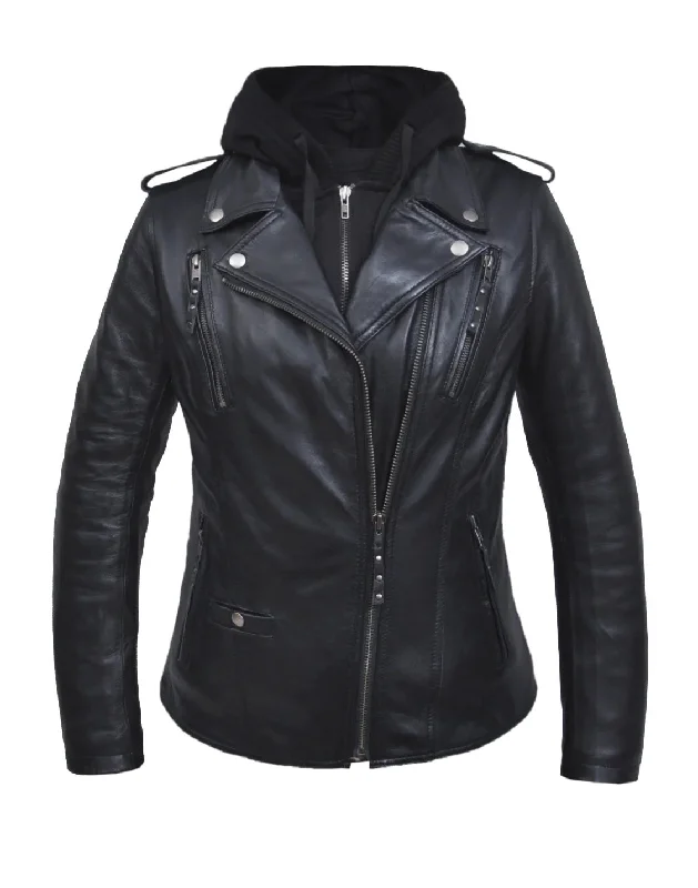 'Unik' Women's 3 in 1 Hoodie Lambskin Leather Jacket - Black Belted Jacket Elasticated Jacket Padded Jacket 'Unik' Women's 3 in 1 Hoodie Lambskin Leather Jacket - Black Belted Jacket Elasticated Jacket Padded Jacket