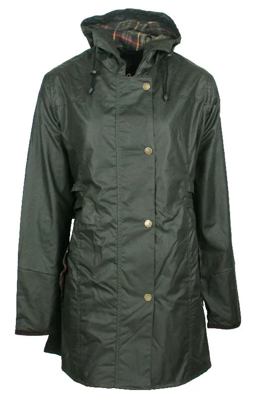 W218 - Womens Hooded Katrina Wax Jacket - OLIVE Zippered Jacket Buttoned Jacket Snapped Jacket