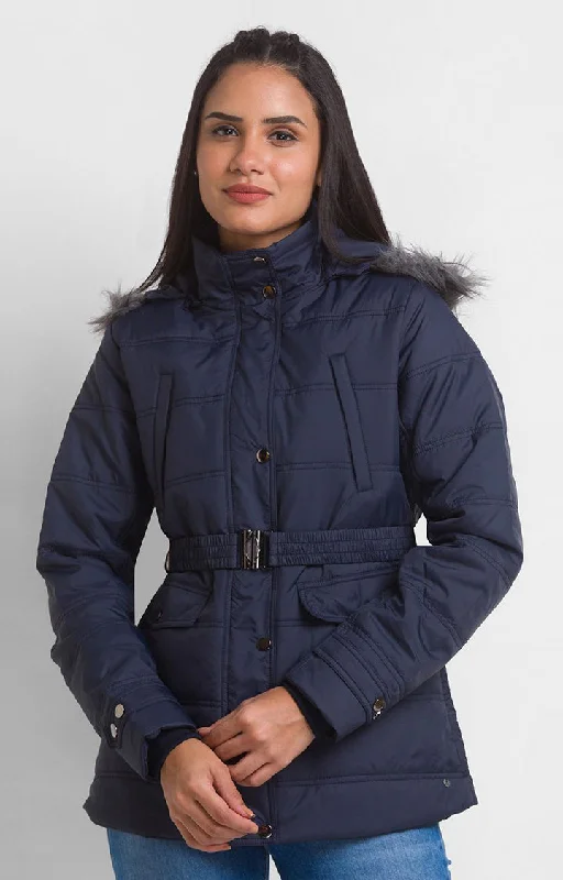 Spykar Navy Nylon Full Sleeve Hooded Jacket For Women Knit Fabric Woven Fabric Fleece Fabric