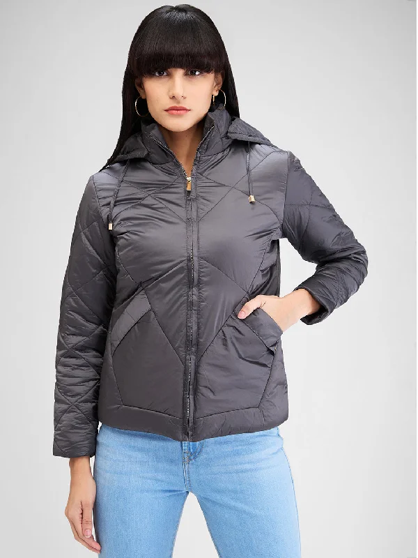 Spykar Gray Full Sleeves Solid Jacket For Women Ribbed Jacket Pleated Jacket Ruffled Jacket Spykar Gray Full Sleeves Solid Jacket For Women Ribbed Jacket Pleated Jacket Ruffled Jacket