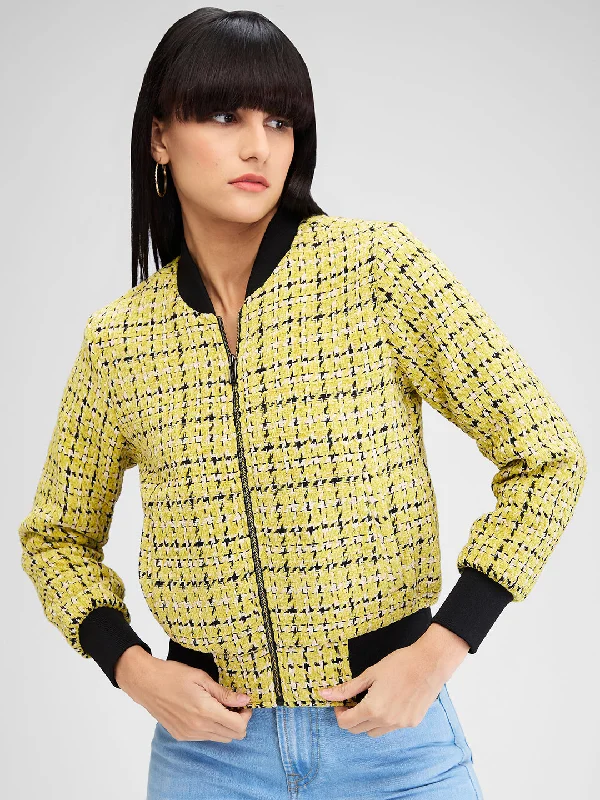 Spykar Yellow Full Sleeves Checks Jacket For Women Ribbed Jacket Pleated Jacket Ruffled Jacket Spykar Yellow Full Sleeves Checks Jacket For Women Ribbed Jacket Pleated Jacket Ruffled Jacket