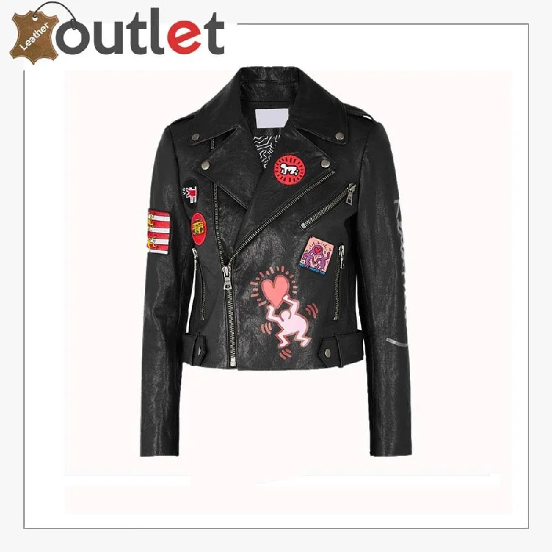 Women Fashion Printed Leather Jacket Welt Pockets Slit Pockets Flap Pockets