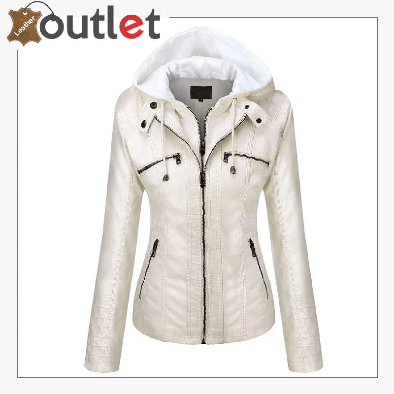 Womens Hooded Faux Leather Fashion Jacket Hoodie Zip-Up Jacket Button-Up Jacket