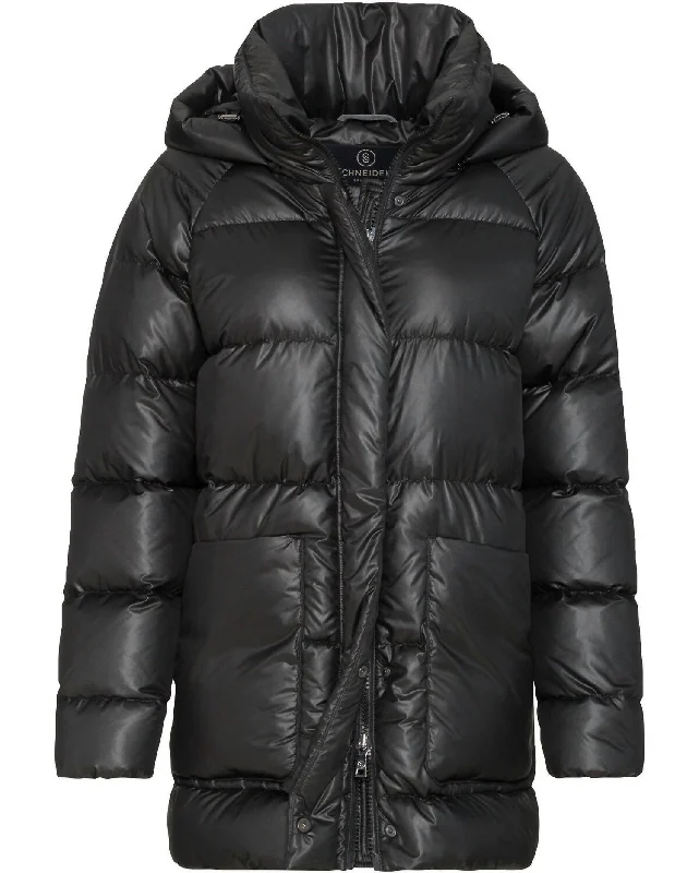 Women's Kira Down Jacket In Black Zippered Front Buttoned Front Snap Front