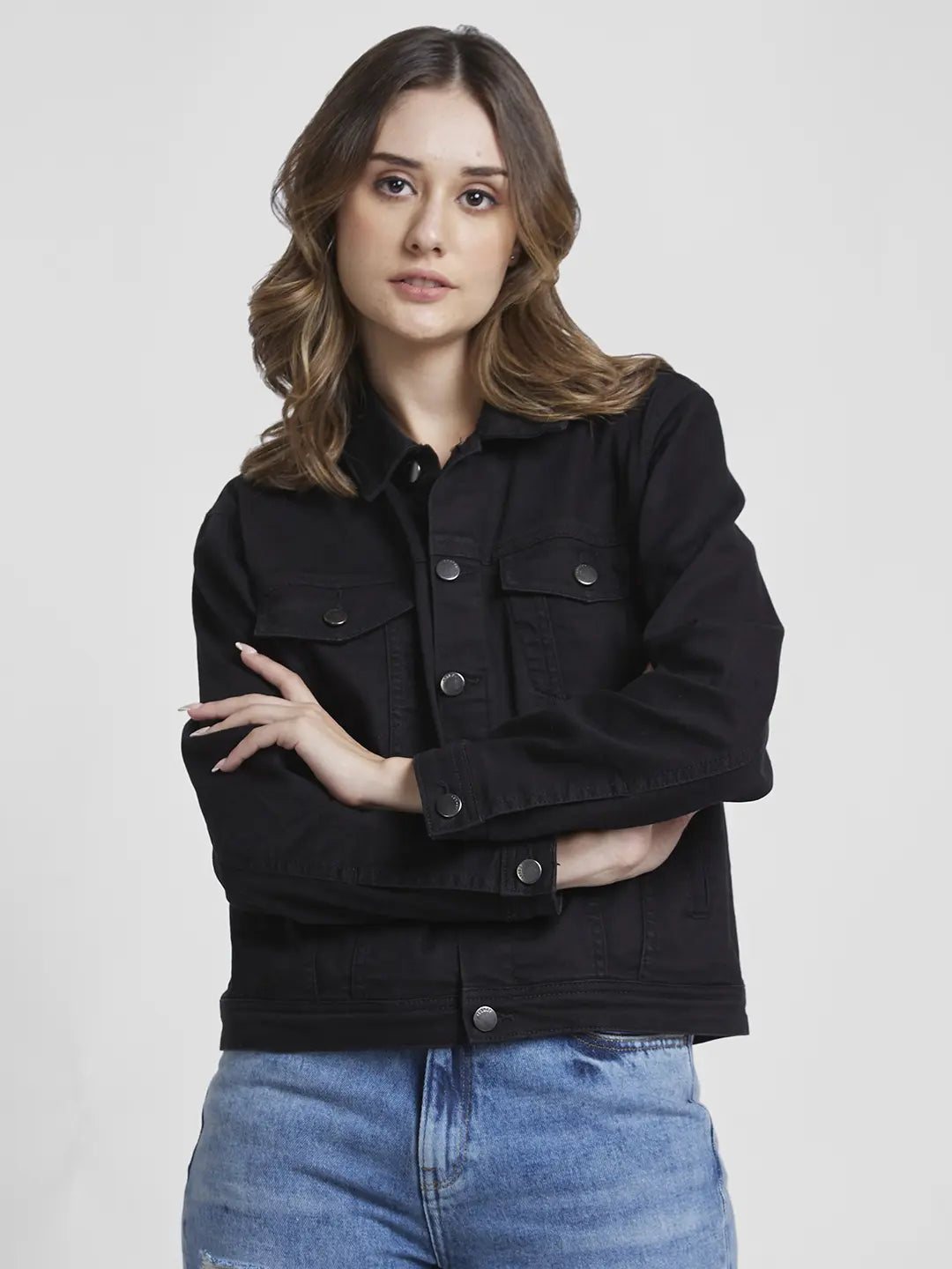 Spykar Women Black Regular Fit Classic Collar Denim Jacket Wool Jacket Cashmere Jacket Tweed Jacket