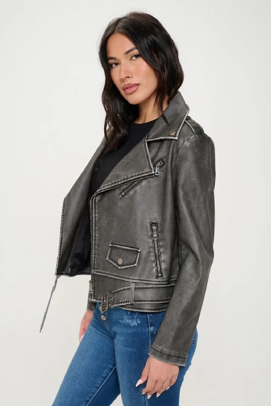 Zip Up Biker Jacket with Belt Zippered Jacket Buttoned Jacket Snapped Jacket