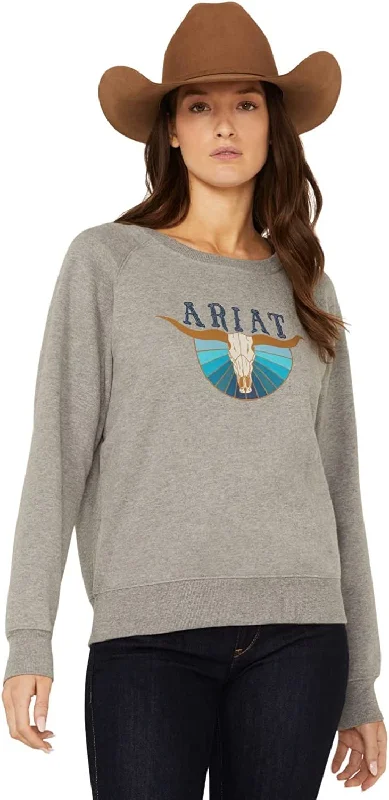 Ariat Women's R.E.A.L. Pacific Steerhead Sweatshirt, Heather Grey Hoodie with Hem Applique Textured Unique