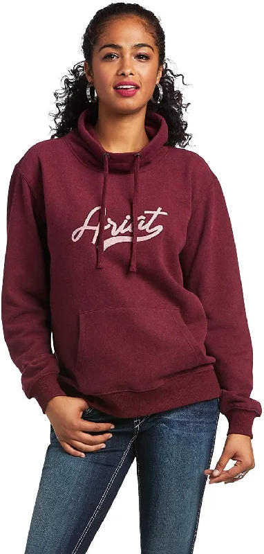 Ariat Women's R.E.A.L. Logo Script Cowl Neck Sweatshirt, Heather Zinfandel Hoodie with Hem Patch Decorative Personalized
