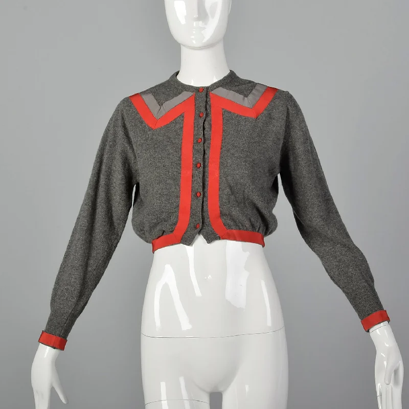 1950s Gray Cashmere Sweater with Red Trim Spandex Blend Rayon Blend Denim Blend