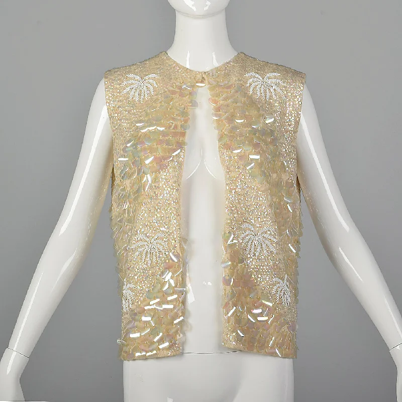 1960s Cream Sequined Sweater Vest Polka Dot Checkered Tartan