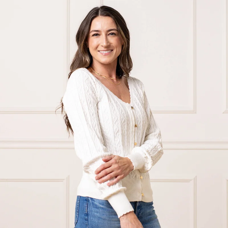 Organic Cable Button Front Sweater Front Pockets Side Pockets Patch Pockets