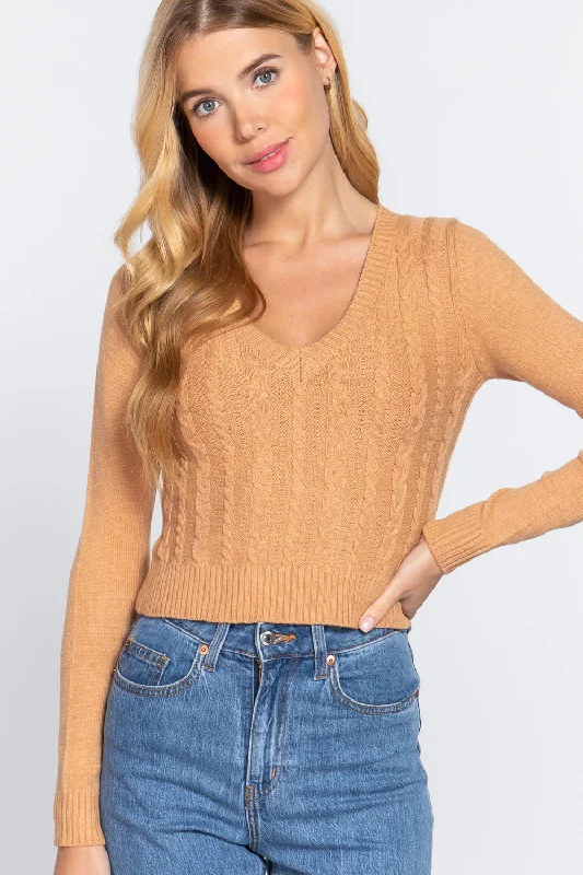 Long Sleeve V-neck Cable Sweater Polka Dot Checkered Tartan