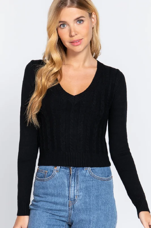 Long Sleeve V-neck Cable Sweater Striped Floral Plaid