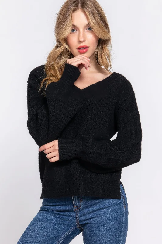 Long Slv Double V-neck Sweater Fleece Fabric Down Fabric Feather Fabric