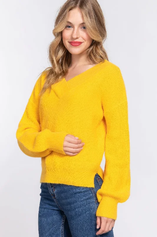 Long Slv Double V-neck Sweater Print Jacquard Patchwork
