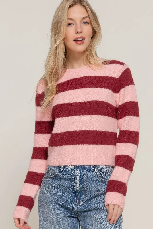 Long Slv Crew Neck Stripe Sweater Elasticated Padded Insulated