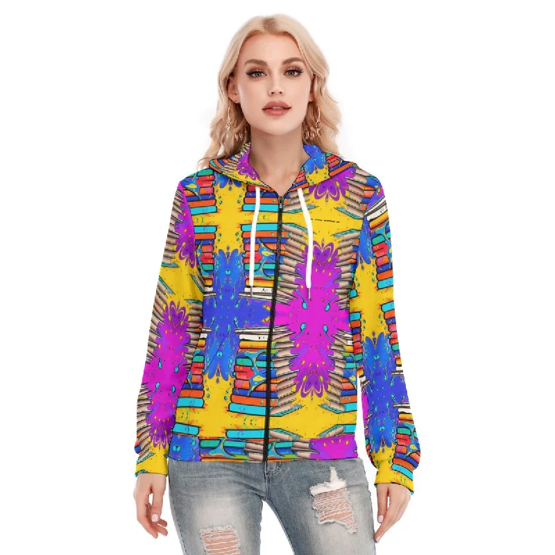 All-Over Print Women's Hoodie With Zipper 224 Book theme, print Hoodie with Tied Waist Feminine Flattering