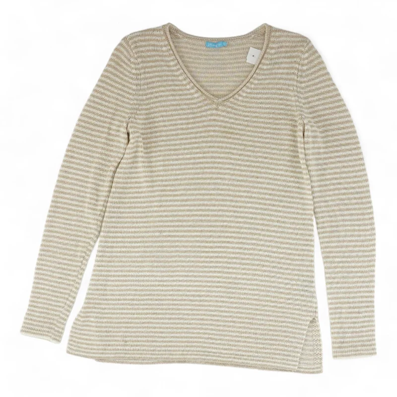 Beige Striped V-Neck Sweater Glossy Satin Silk