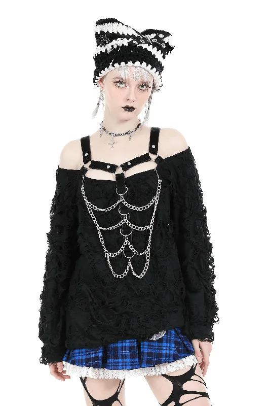 Black Chain Detail Off-Shoulder Ripped Loose Sweatshirt Hoodie with Thumb Holes Functional Cozy Black Chain Detail Off-Shoulder Ripped Loose Sweatshirt Hoodie with Thumb Holes Functional Cozy
