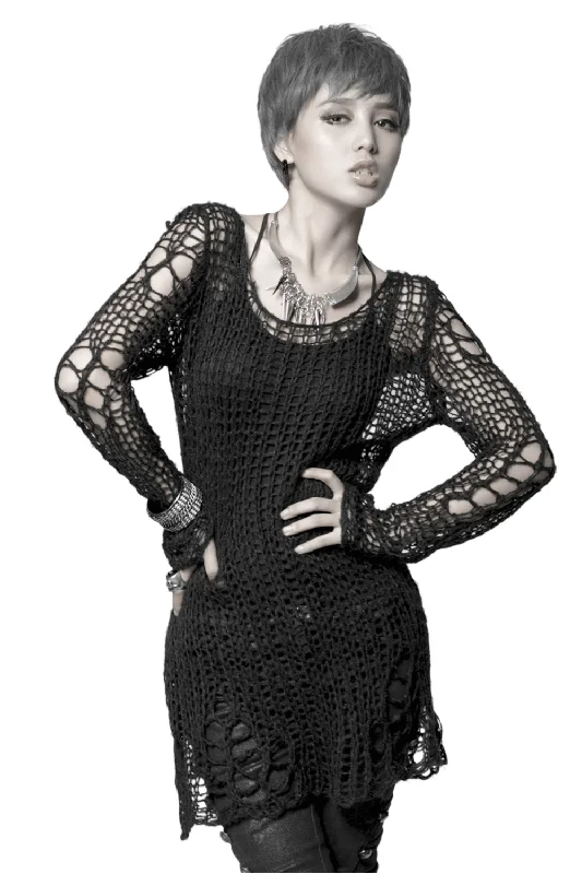 Black Shredded Knit Crocheted Sweater with Long Sleeves Plaid Sweater Polka Dot Checkered
