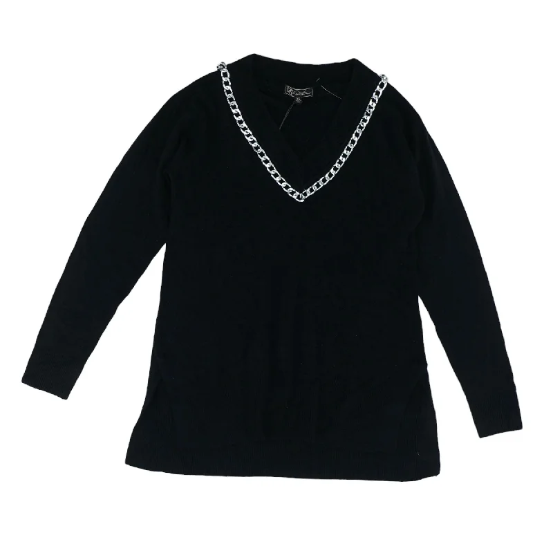 Black Solid V-Neck Sweater Mesh Blend Leather Blend Suede Blend