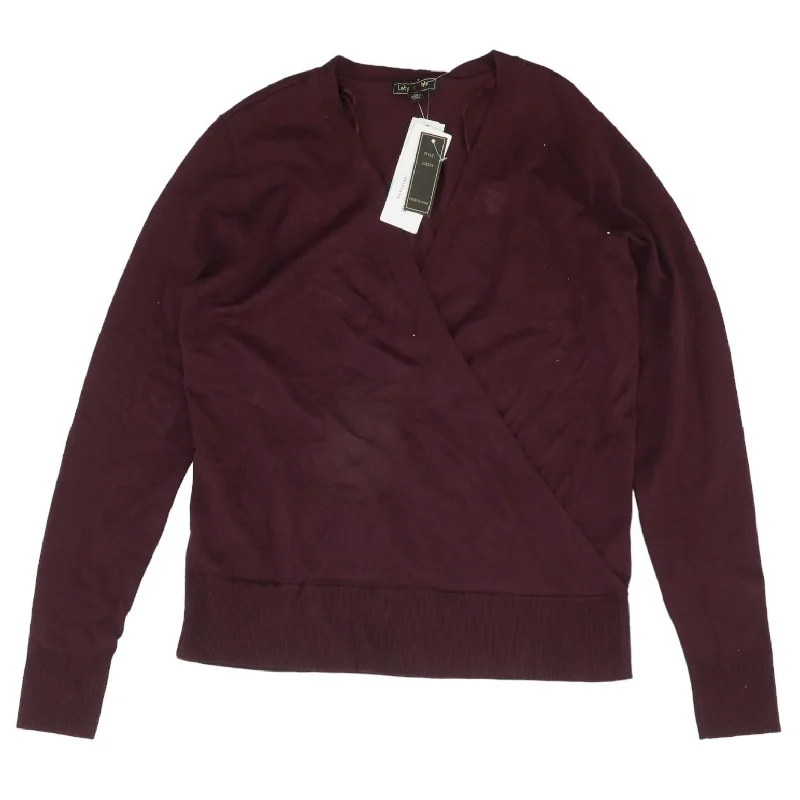 Burgundy Solid V-Neck Sweater Satin Blend Silk Blend Wool Blend