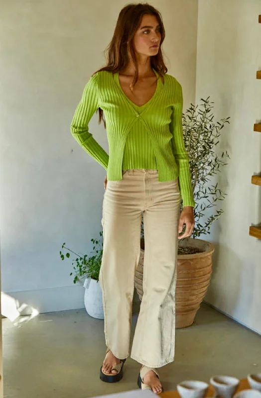 By Together Ariana Sweater Set Lime Green Ribbed Striped Patterned