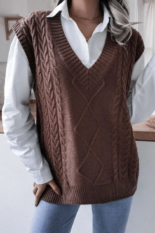 Cable-Knit Ribbed V-Neck Sweater Vest Soft Cozy Warm