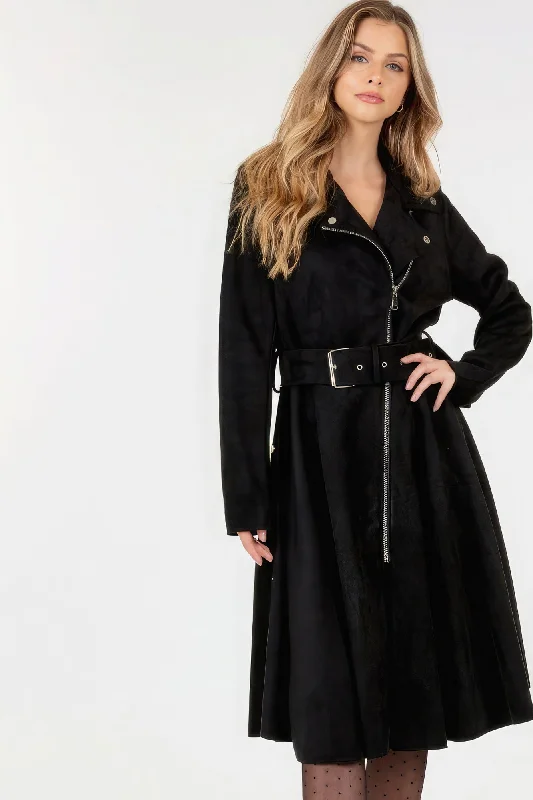 Waist Belt Tacked Faux Suede Coat Solid Coat Polished Tailored Coat