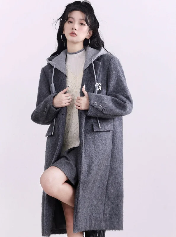 Charcoal Gray Hooded Denim Long Coat Cropped Moto Jacket